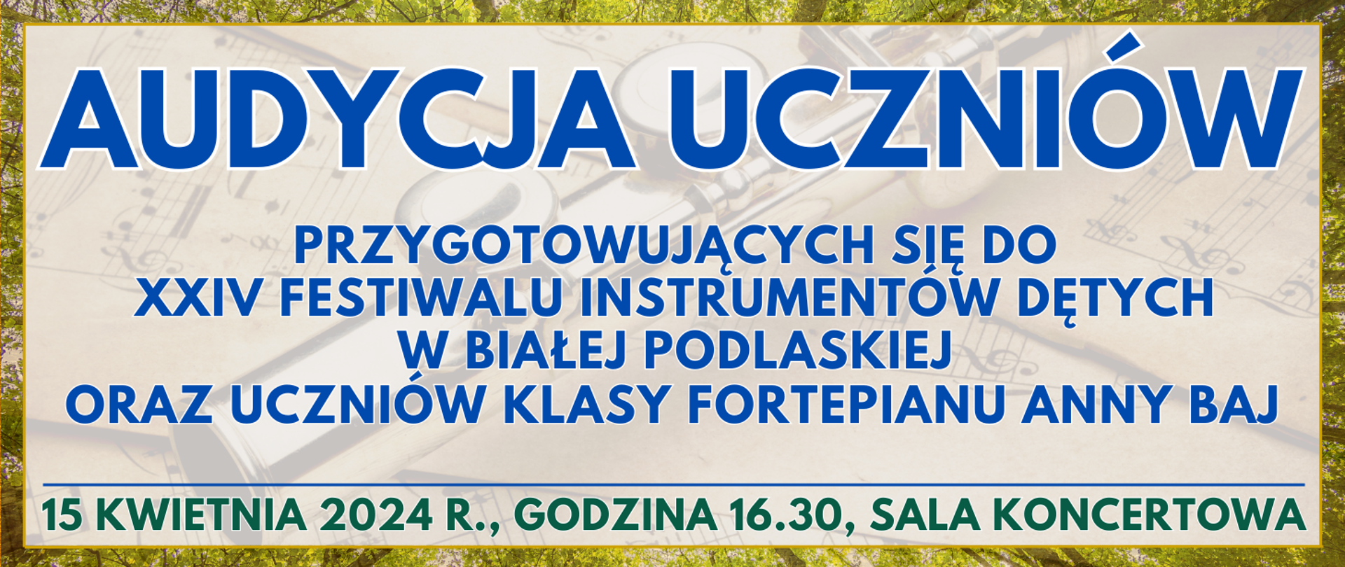 kolorowe tło z półprzezroczystym fletem poprzecznym na nutach oraz informacja o wydarzeniu