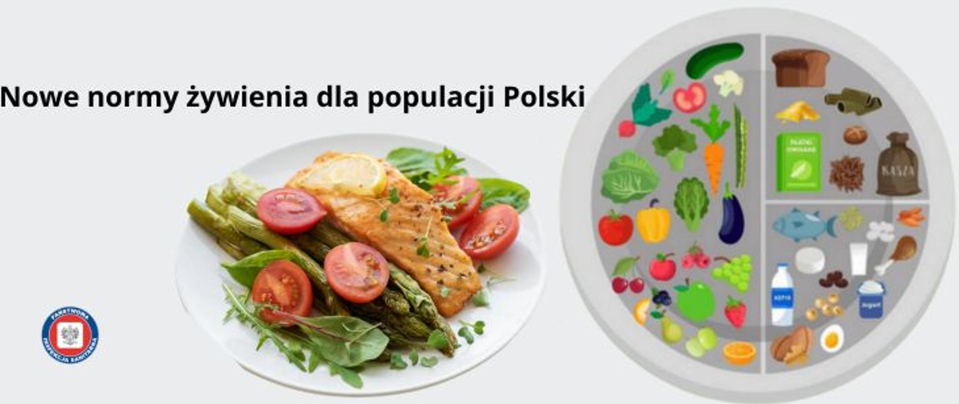 Na szarym tle przedstawiony graficznie wzór talerza zdrowia zgodny z aktualnymi normami żywieniowymi. Pól talerza stanowią owoce i warzywa, 1/4 produkty zbożowe oraz 1/4 produkty białkowe i tłuszcze. Po lewej stronie talerza przykładowe danie składające się z pieczonej ryby oraz bukietu warzyw czerwonych pomidorów oraz zielonych szparagów i liści sałaty. U góry po lewej napis nowe normy żywienia dla populacji Polski. W lewym dolnym rogu okrągłe logo okrągłe logo Państwowej Inspekcji Sanitarnej przedstawiające czarnego orła na białym kwadratowym tle, które otoczone jest czerwonym wypełnieniem. Zewnętrzną część logo otacza granatowy okrąg z napisem Państwowa Inspekcja Sanitarna w kolorze białym.