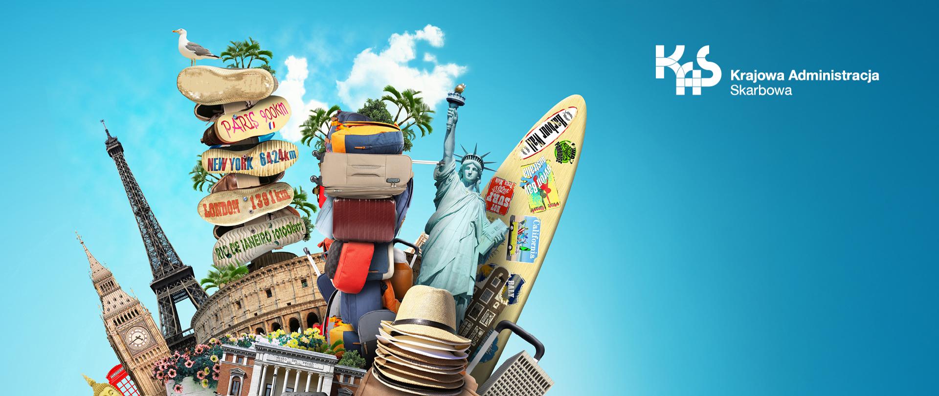 Na niebieskim tle logo KAS oraz grafika z deską surfingową, Statuą Wolności, Wieżą Eiffla, Big Ben, Koloseum, kapeluszami i plecakami - symbolami z różnych miejsc i kultur.