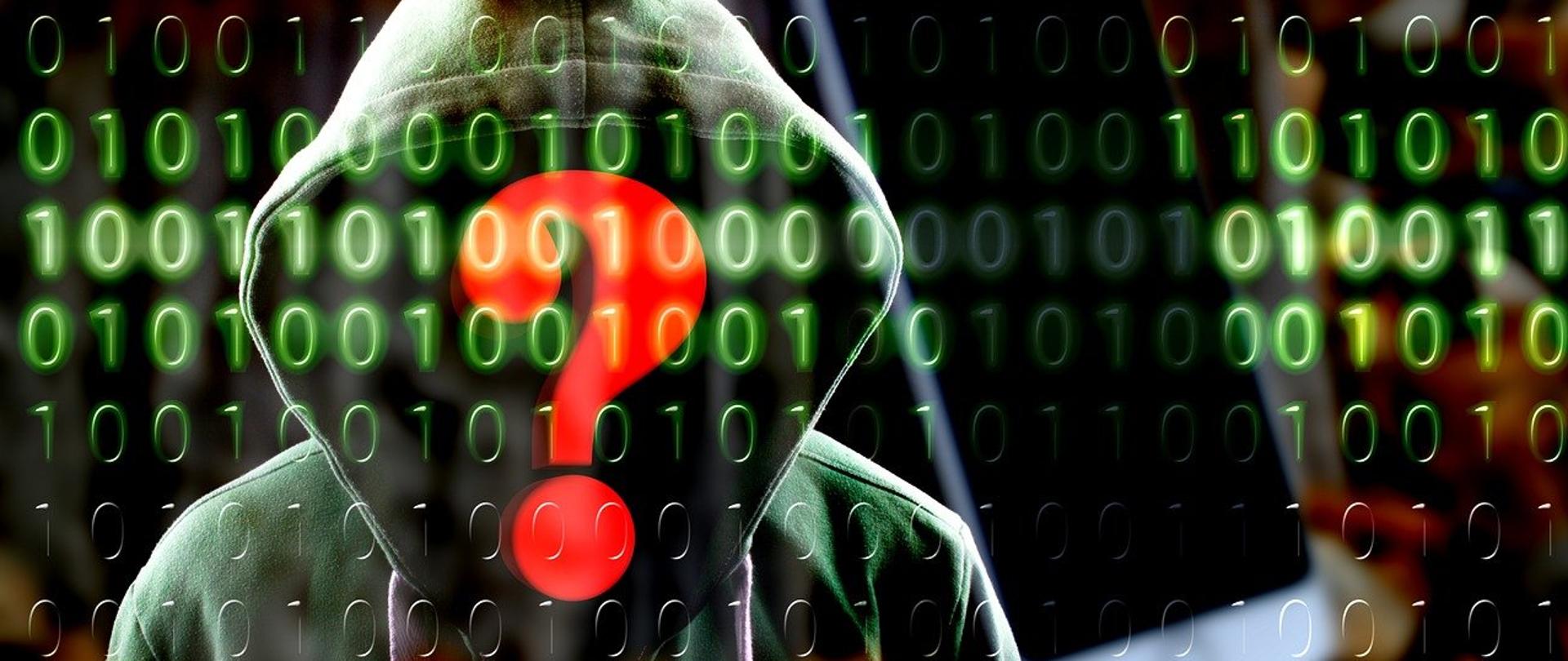 haker komputerowy, sylwetka osoby w kapturze, na wysokości głowy znak zapytania, obok telefon komórkowy