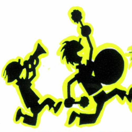 Dwa czarne cienie biegną i grają na instrumentach muzycznych: trąbce i bębnie. Całość na białym tle z żółtą obramówką.