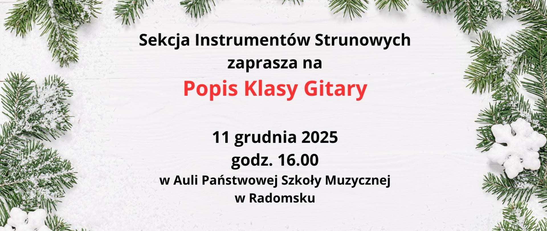 Na białym tle znajdują się napisy informacyjne w kolorach czarnym i czerwonym oraz grafiki ośnieżonych gałązek jodły w kolorze zielonym.
