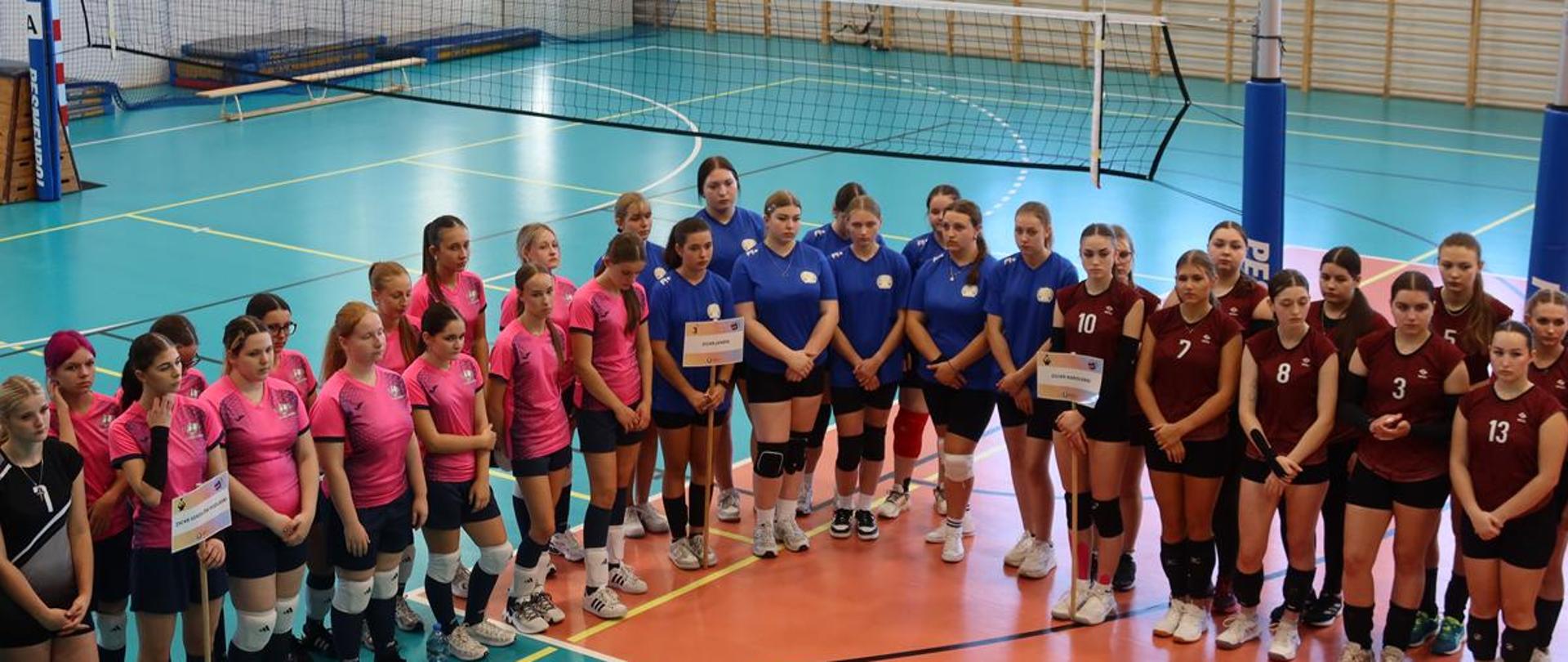 Dziewczęta w strojach sportowych reprezentujące różne drużyny stoją na tle boiska do piłki siatkowej.