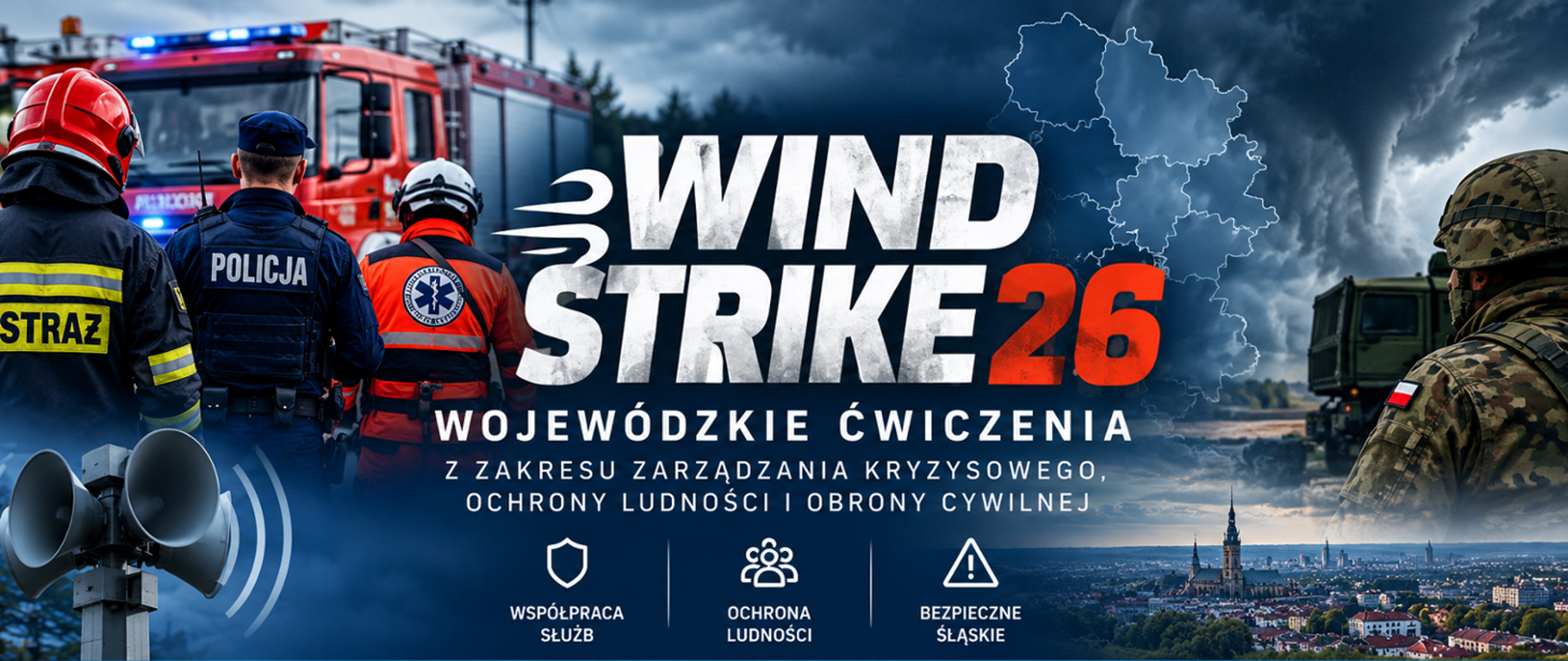 Po lewej stronie zdjęcia, na tle wozu strażackiego widoczni przedstawiciele służb ratowniczych, strażak, policjant, ratownik medyczny. Po prawej stronie żołnierz. W centralnej części zdjęcia napis WIND STRIKE 26 Wojewódzkie Ćwiczenia z zakresu zarządzania kryzysowego, ochrony ludności i obrony cywilnej.