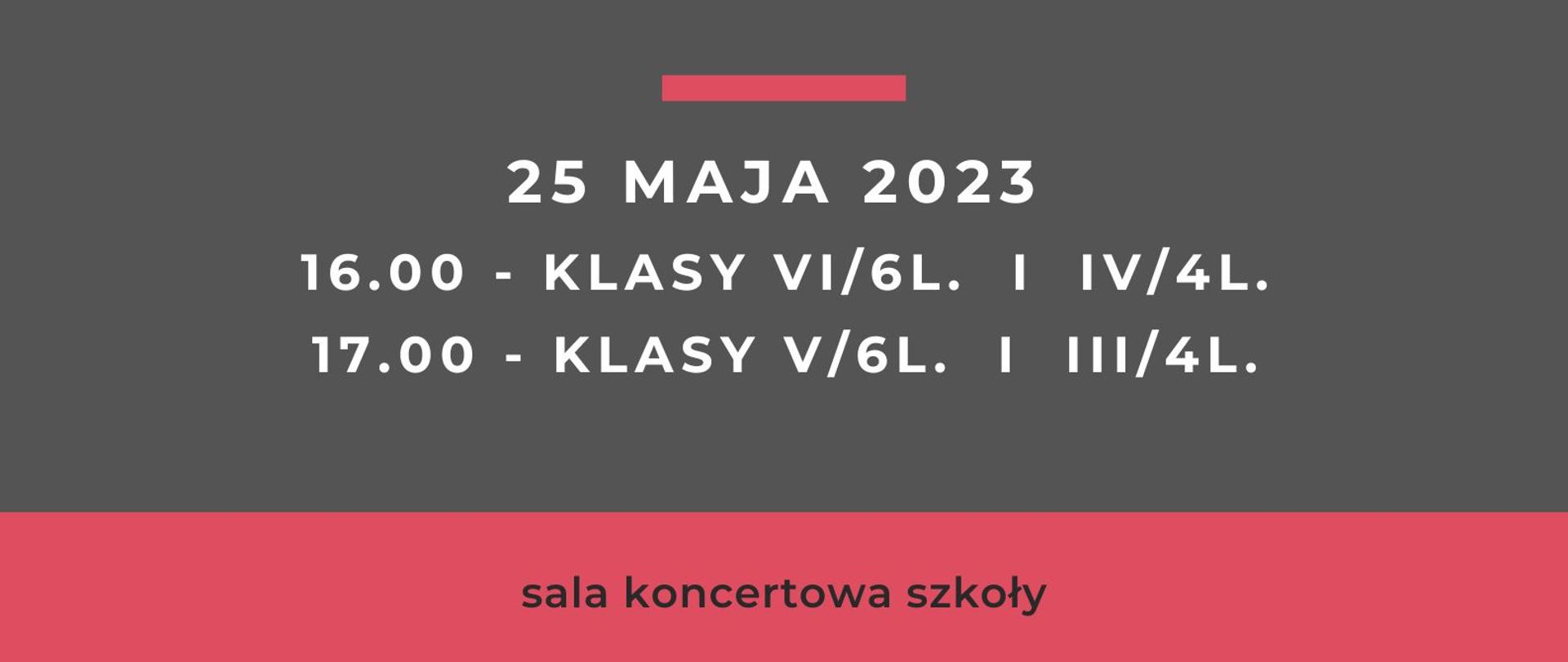 Plakat informujący o popisie uczniów klasy fortepianu dodatkowego, tło ciemnoszare, na górze grafika klawiatury, napisy w kolorze czerwonym