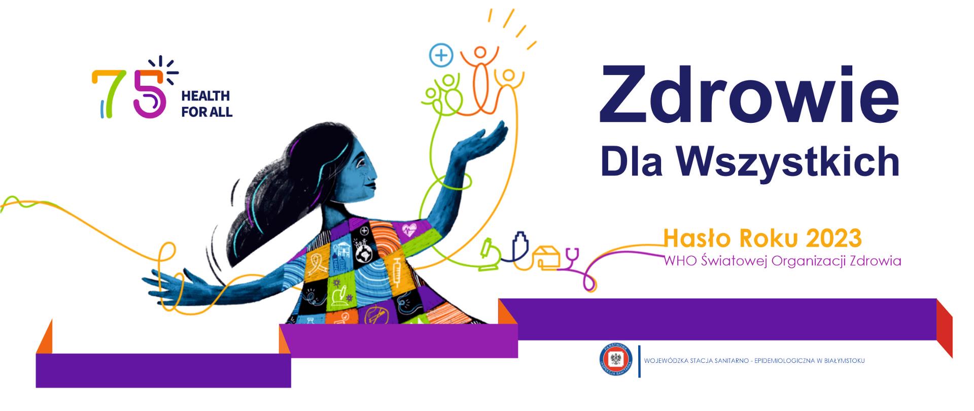 Zdjęcie przedstawia kobietę ubraną w sukienkę w różne grafiki i kolory, przedstawiające zagrożenia zdrowotne dla ludzi i planety. Po prawej stronie napis "Zdrowie dla wszystkich" Hasło roku 2023 WHI Światowej Organizacji Zdrowia.