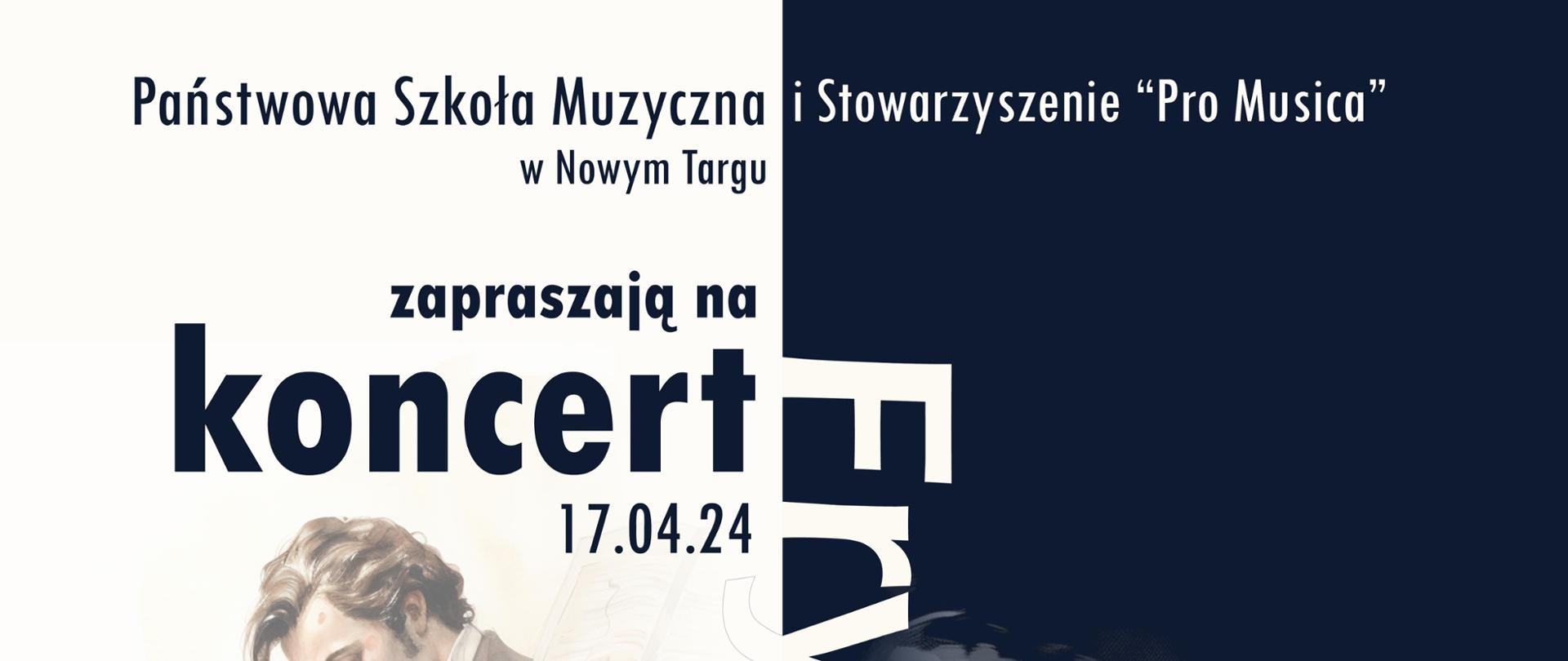 Biało-czarny plakat. Na białym tle z lewej strony siedzący na krześle przed fortepianem zamyślony Fryderyk Chopin. Na prawej czarnej stronie plakatu śpiewająca wokalistka do mikrofonu. Górna część plakatu to organizatorzy projektu- Państwowa Szkoła Muzyczna I i II st. im. Fryderyka Chopina w Nowym Targu oraz Stowarzyszenie Pro Musica. Następnie zaproszenie na koncert pod tytułem Fryderyki. Dolna część to termin i miejsce- środa 17 kwietnia 2024 r. godz. 18.00- Miejskie Centrum Kultury oraz logo szkoły oraz mikrofon w kształcie klucza wiolinowego
