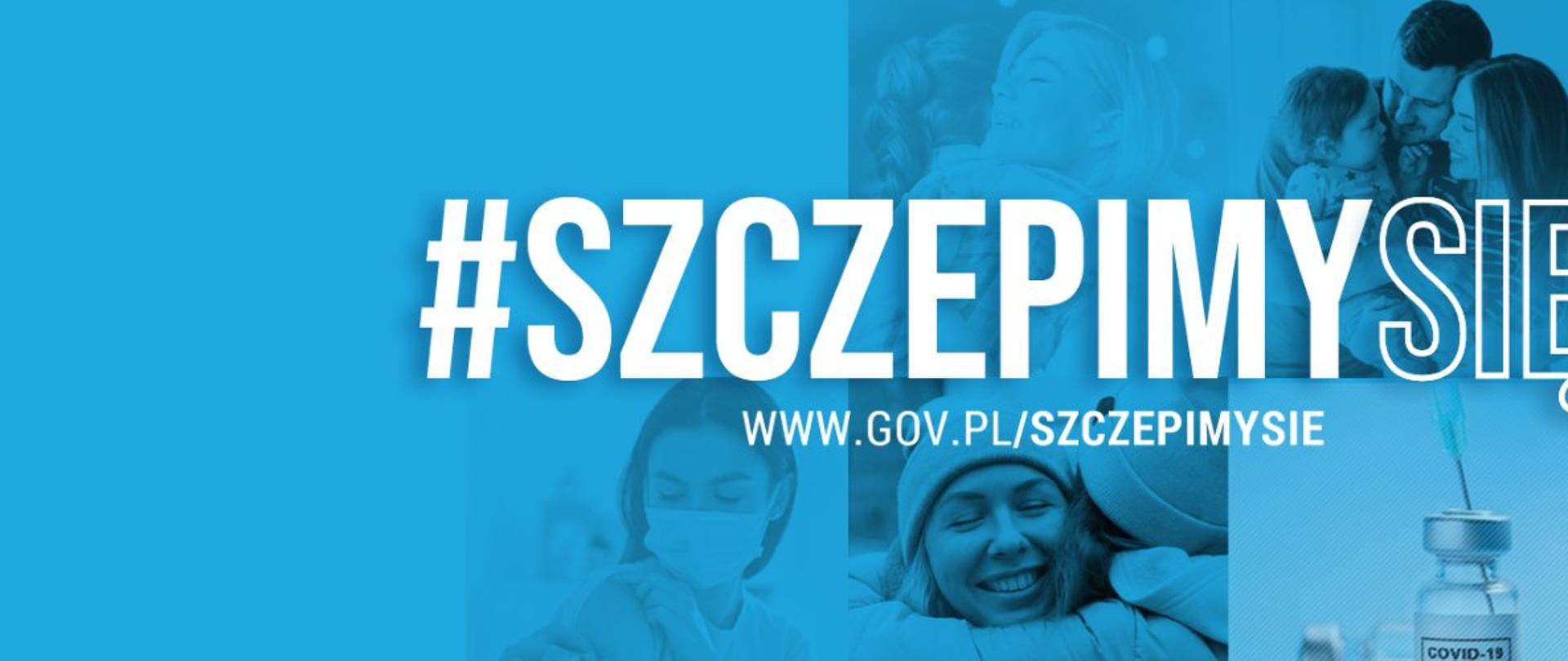 logo kampanii szczepimy się: na niebieskim tle widać postaci ludzi oraz szczepionkę w specjalnym pojemniku