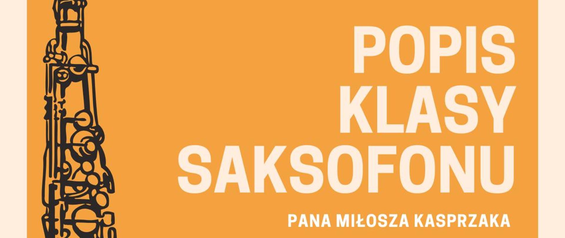 Plakat na jasnobeżowym tle podzielony na cztery pola (jedno pod drugim) wypełnione na przemian kolorem czerwonym i pomarańczowym. W pierwszym od góry polu wstawiona jest nazwa szkoły, w drugim (nieco niżej) nazwa wydarzenia i nauczyciel, w trzecim akompaniament, data, godz. i miejsce, a w czwartym zaproszenie na koncert. Całość dopełnia grafika z lewej strony przedstawiająca saksofon.