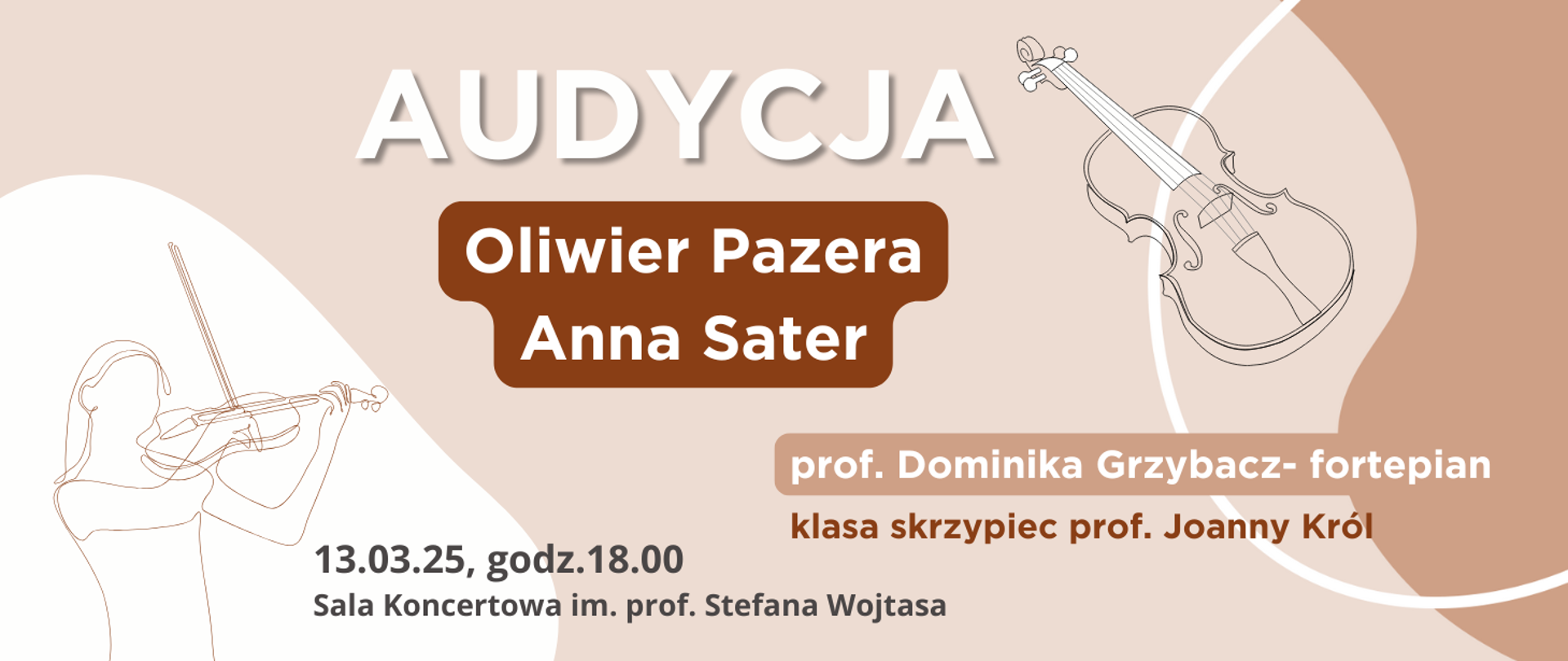 Audycja skrzypcowa 13.03.2025 godz.18.00 brązowe tło kontury dziewczyny grającej 