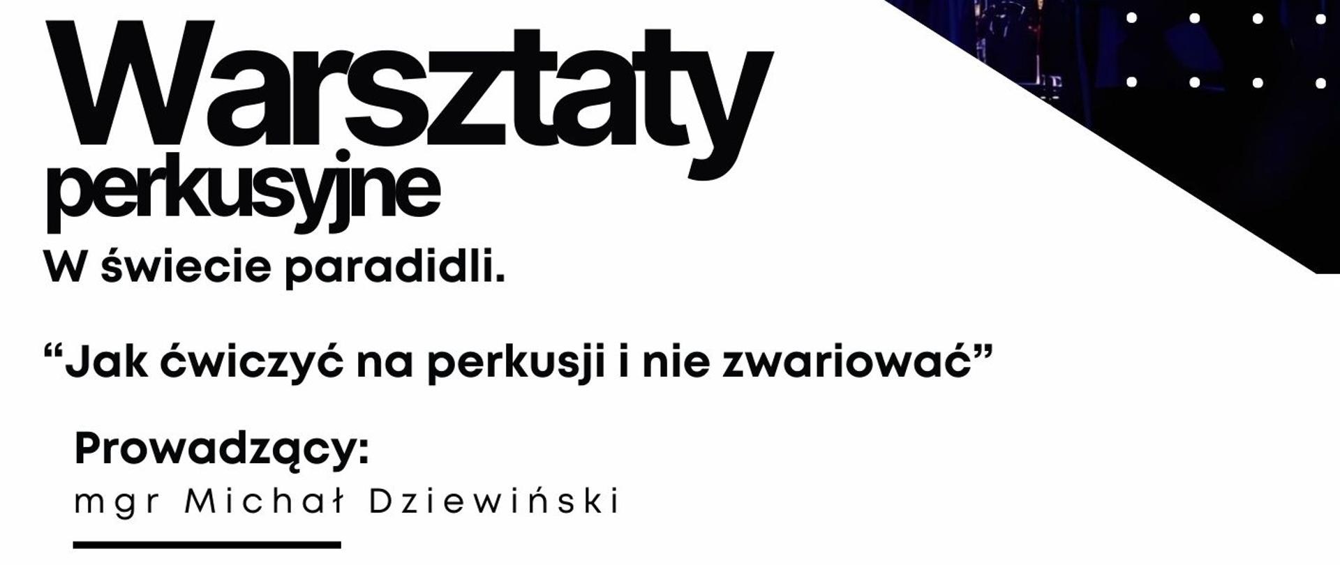 Plakat informacyjny dotyczący warsztatów perkusyjnych odbywających się w dniu 24.02.2025 w godz. 10.00 - 16.00.