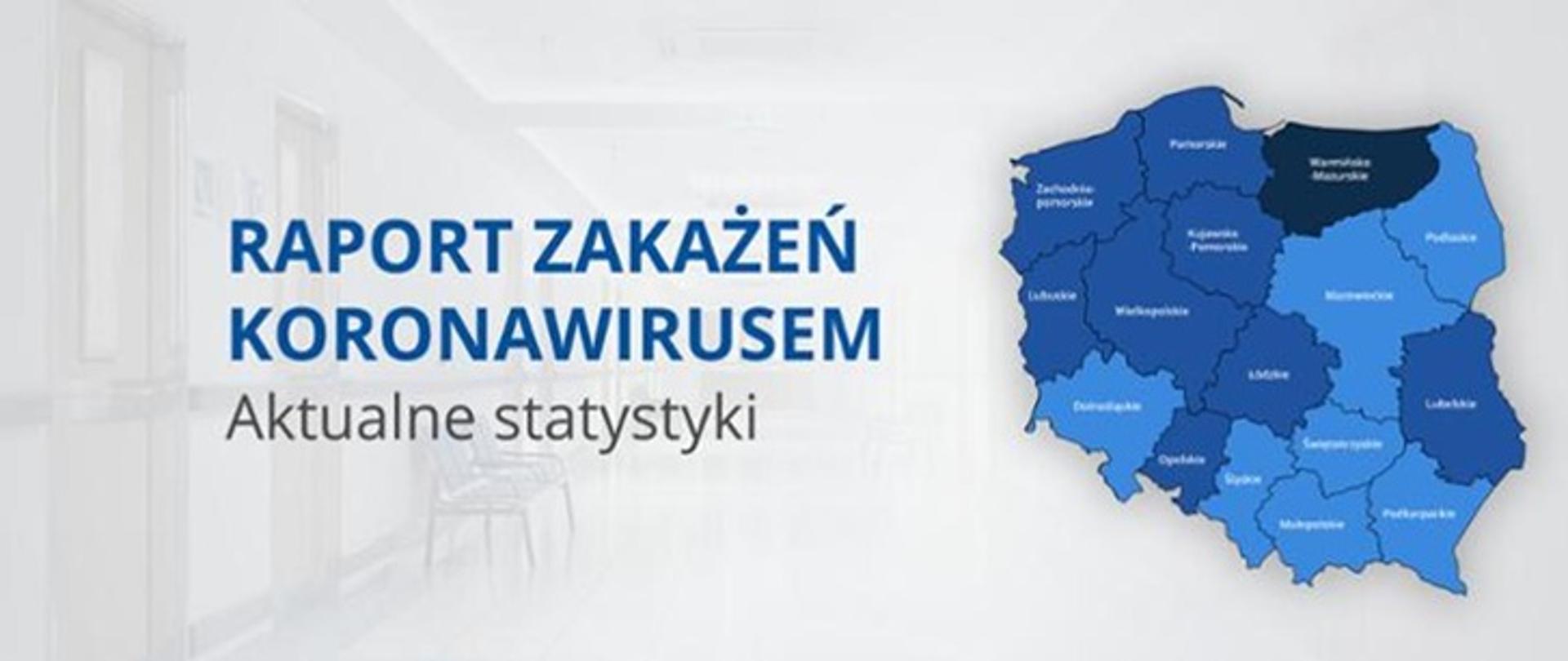 Grafika przedstawia napis Raport Zakażeń Koronawirusem - Aktualne Statystyki i mapę konturową kraju z podziałem na województwa