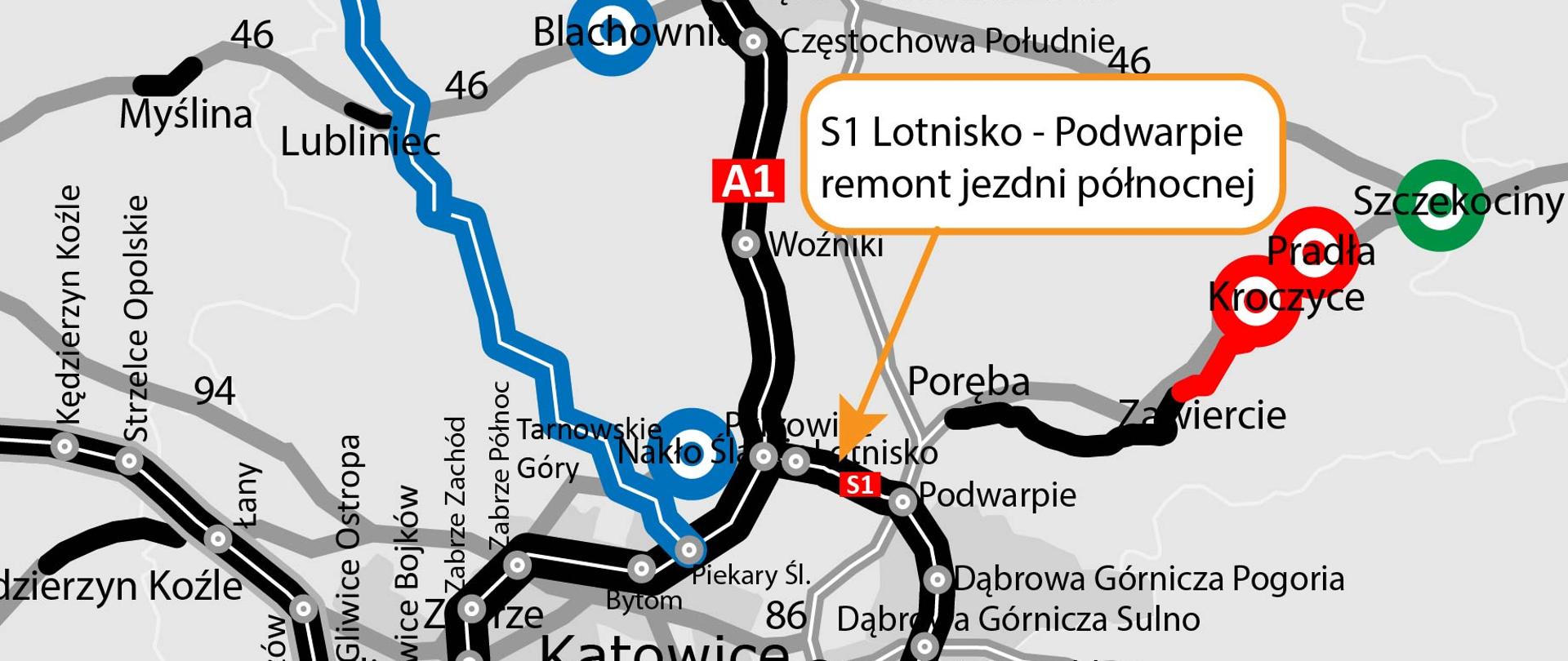 Zdjęcie przedstawia rysunek poglądowy węzła drogowego Pyrzowice - Podwarpie