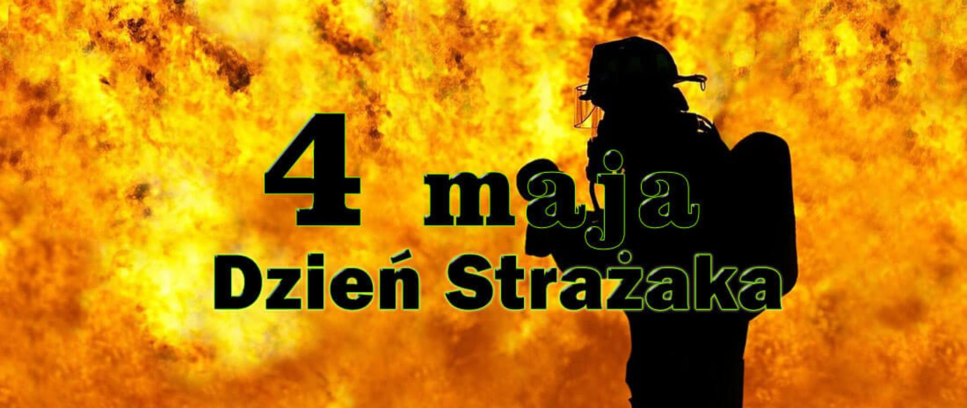 Czarna postać strażaka w tle płomienie.