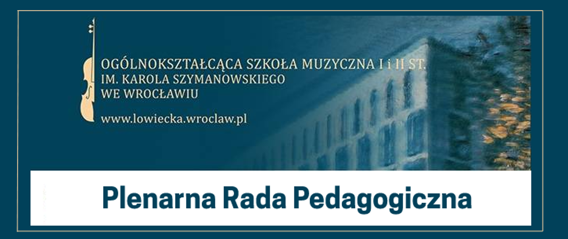 Obraz wprowadzający do komunikatu o Radzie Pedagogicznej w kolorze ciemno niebieskim z logo szkoły oraz napisem w kolorze niebieskim na białym tle