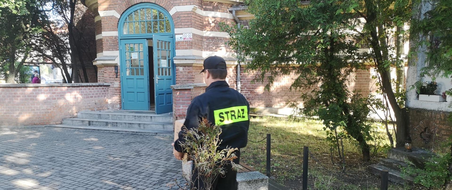 Strażak w mundurze koszarowym idzie przez dziedziniec do wejścia jednej z sopockich szkół, niosąc karton z płynami dezynfekcyjnym