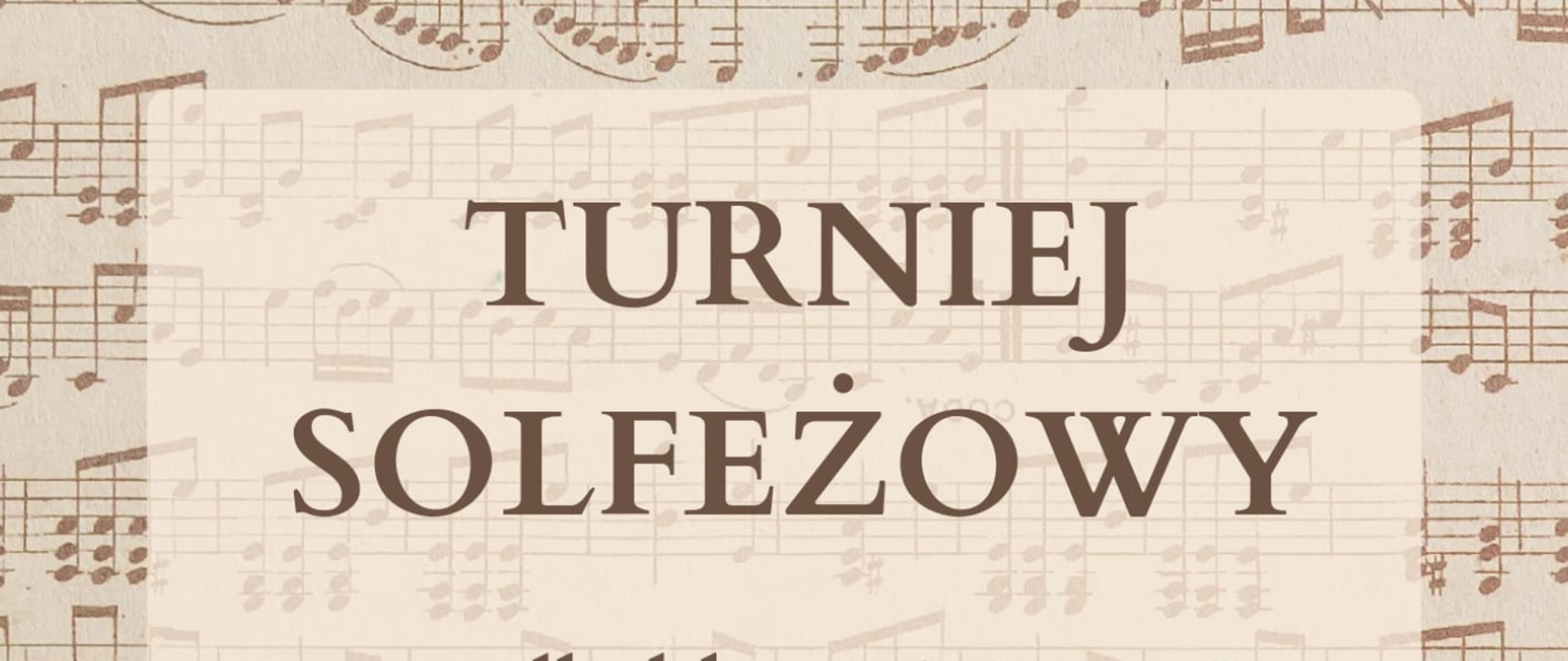 na beżowym tle z zapisem nut czarne i brązowe napisy, z prawej czarny klucz wiolinowy z wpisaną klawiaturą