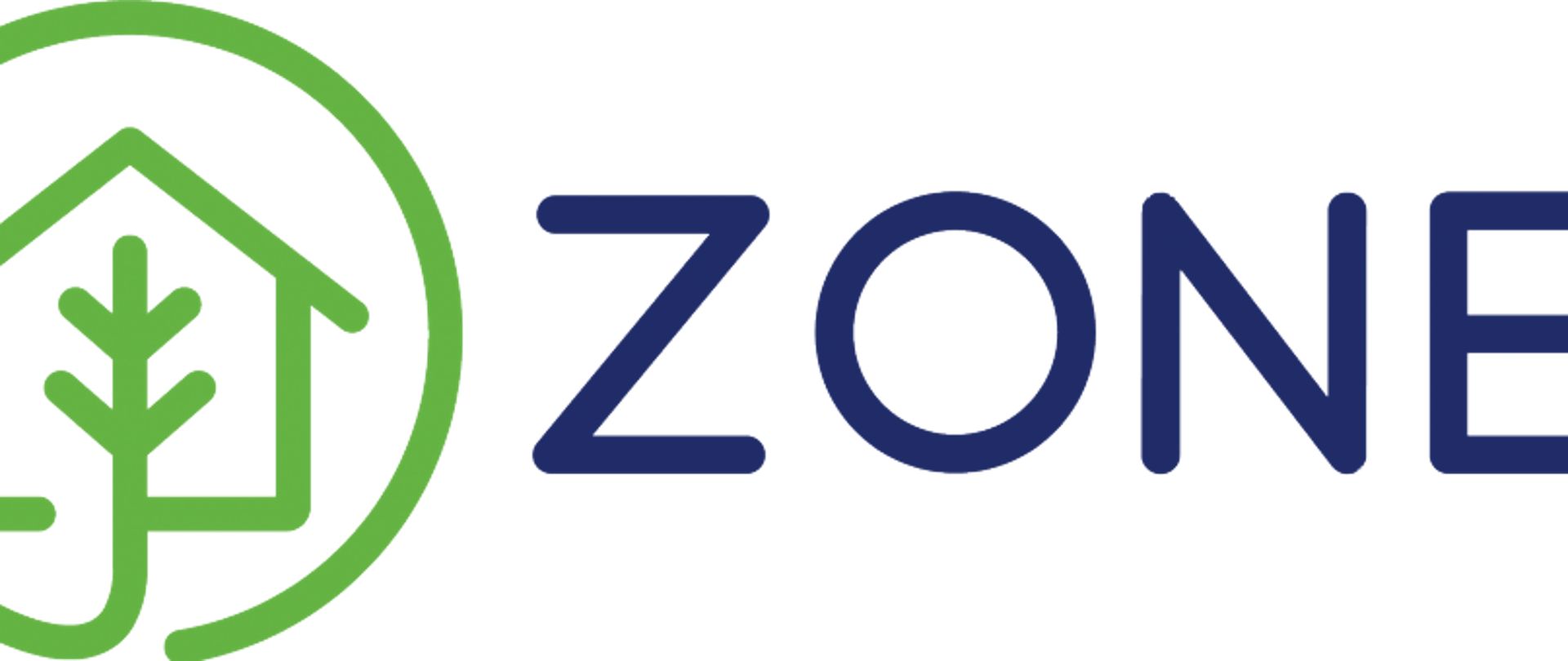 Logo „ZONE” z ikoną domu i drzewa w zielonym okręgu.
