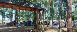 Na zdjęciu widać namiot harcerzy. W tle jest las.