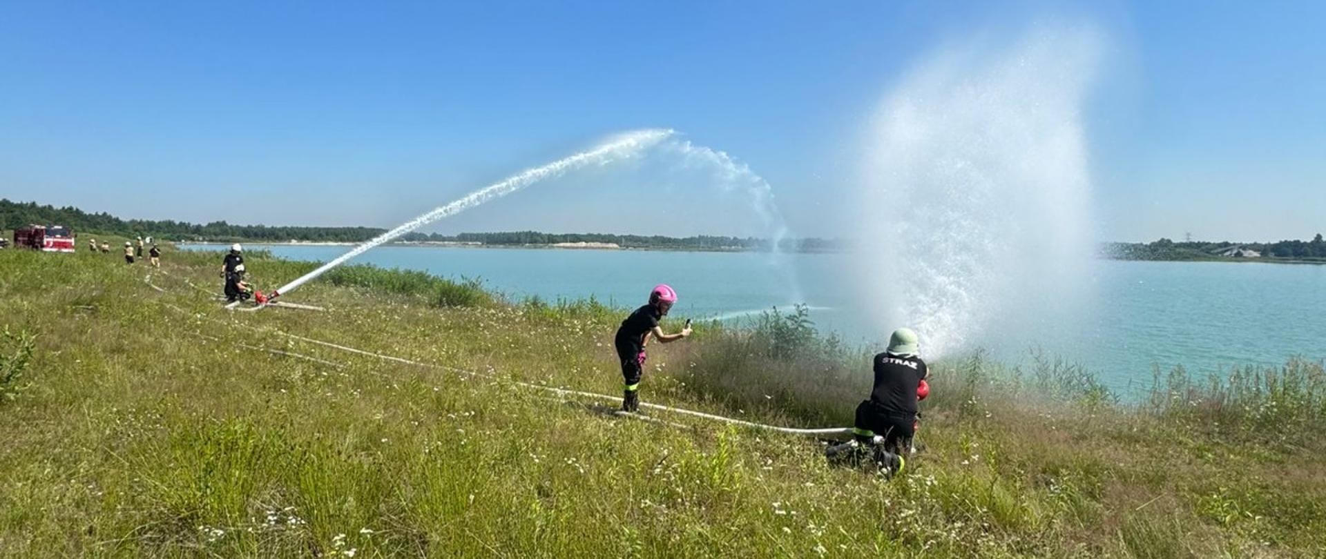 Strażacy wzdłuż akwenu wodnego z brzegu podają prądy wody w kierunku akwenu.