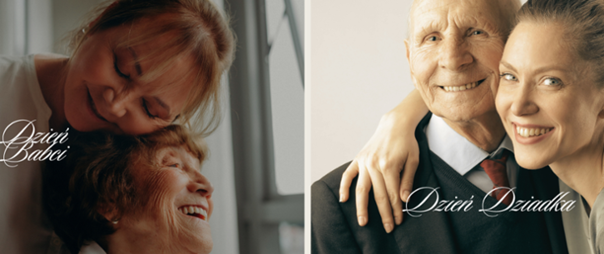 dwa zdjęcia na pierwszym uśmiechnięta babci z przytulającą ją córką i napis Dzień Babci, na drugim zdjęciu uśmiechnięci dziadek z córką i napis Dzień Dziadka