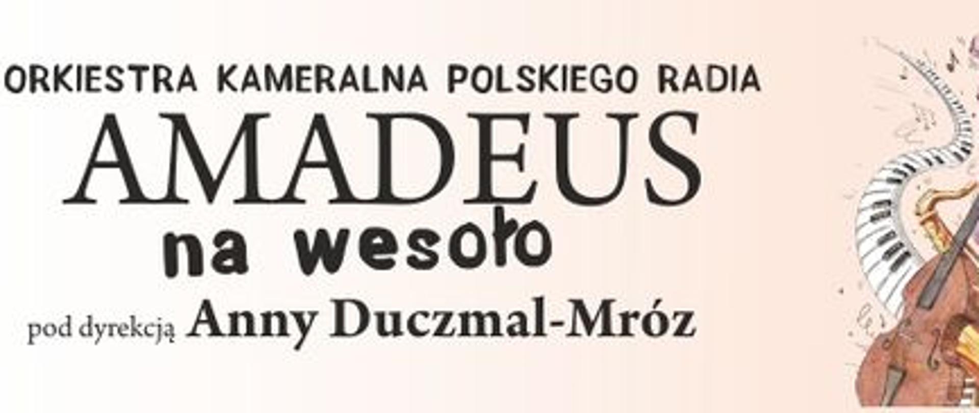 Grafika klawiatury i skrzypiec po prawej stronie na jasno różowym tle