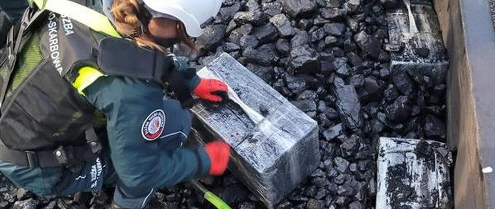 Funkcjonariusz przy opakowaniu zbiorczym papierosów