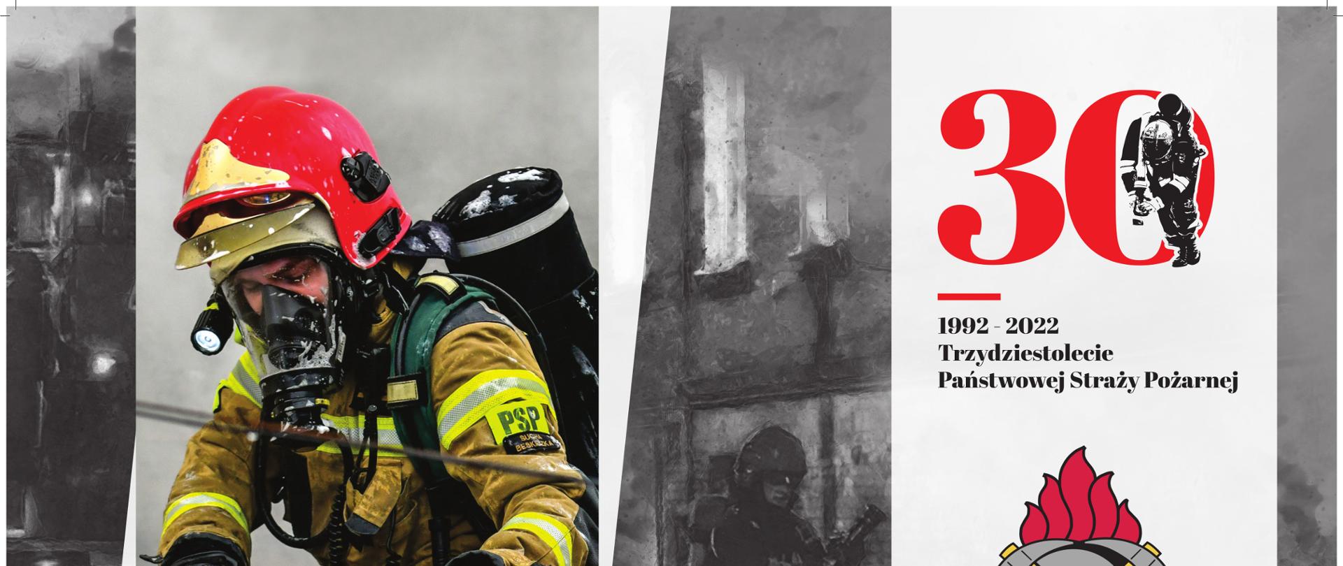 kalendarz plakatowy koloru białego, w lewym gornym roku strażak z piłą, w prawym gornym rogu cyfra 30, pod nią napis 1992-2022 trzydziesolecie państwowej straży pożarnej oraz logo PSP