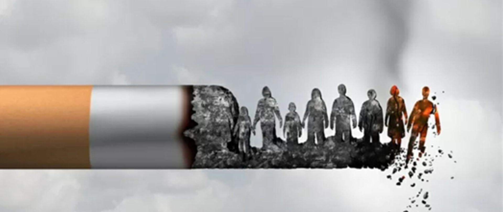 Wypalający się papieros a na nim palące się postacie ludzi, w oddali chmury.