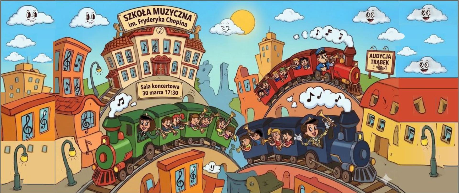 Trzy parowe pociągi z dziećmi grającymi na trąbkach.