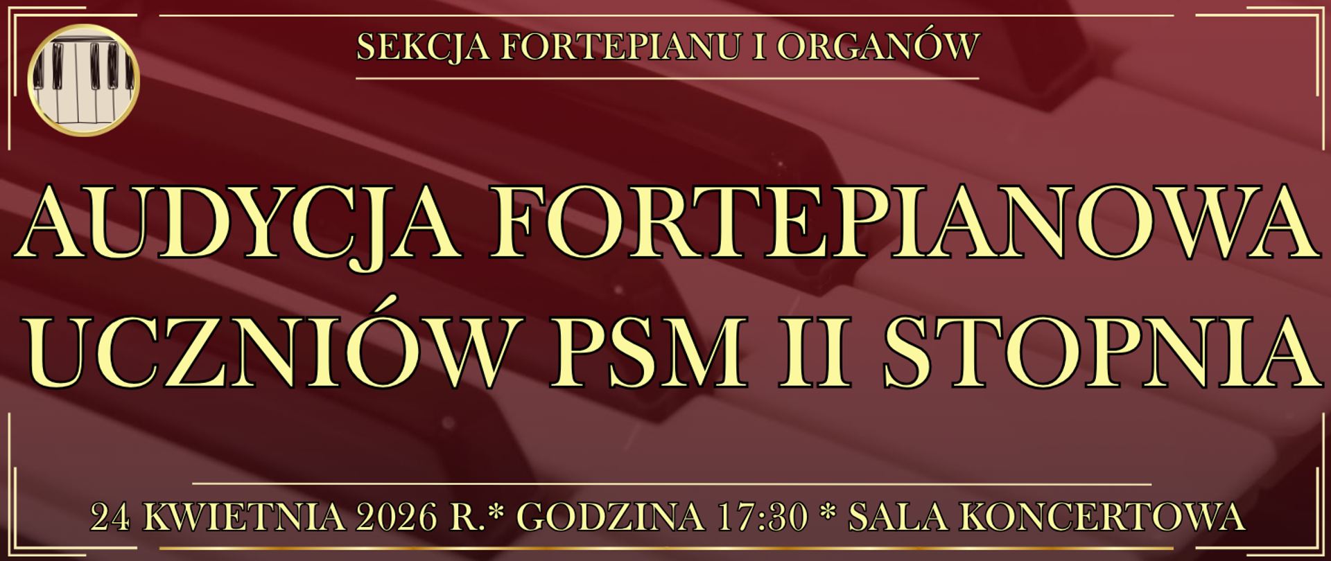 baner w tle klawiatura fortepianu oraz informacja o wydarzeniu