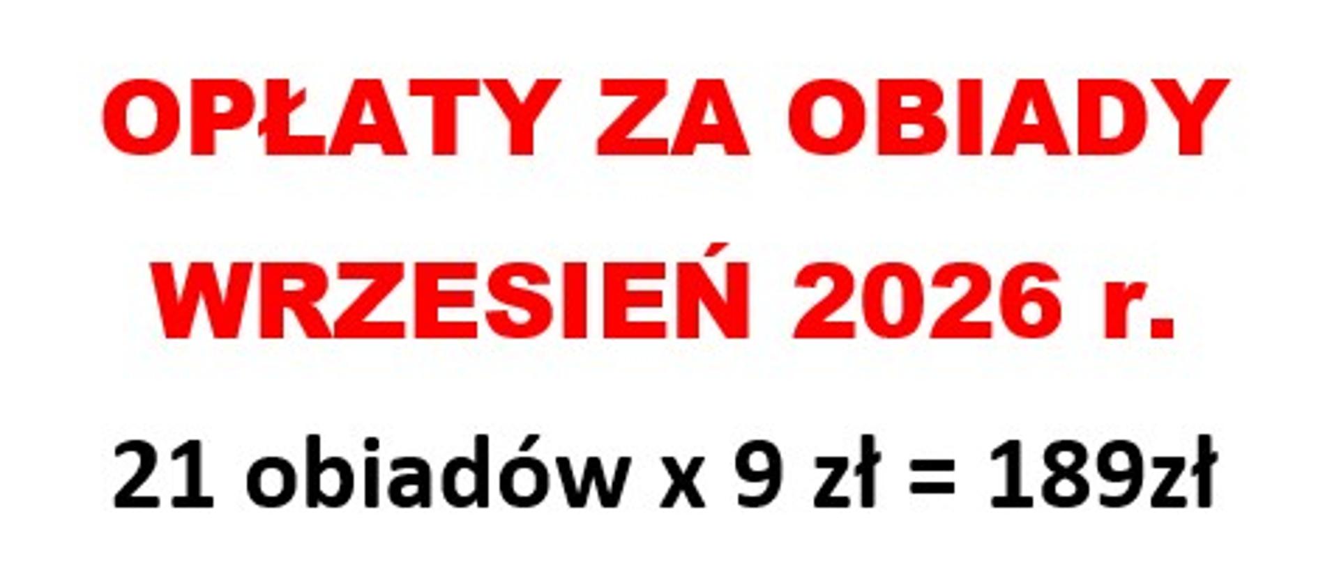 Opłaty za obiady w miesiącu wrzesień 2026