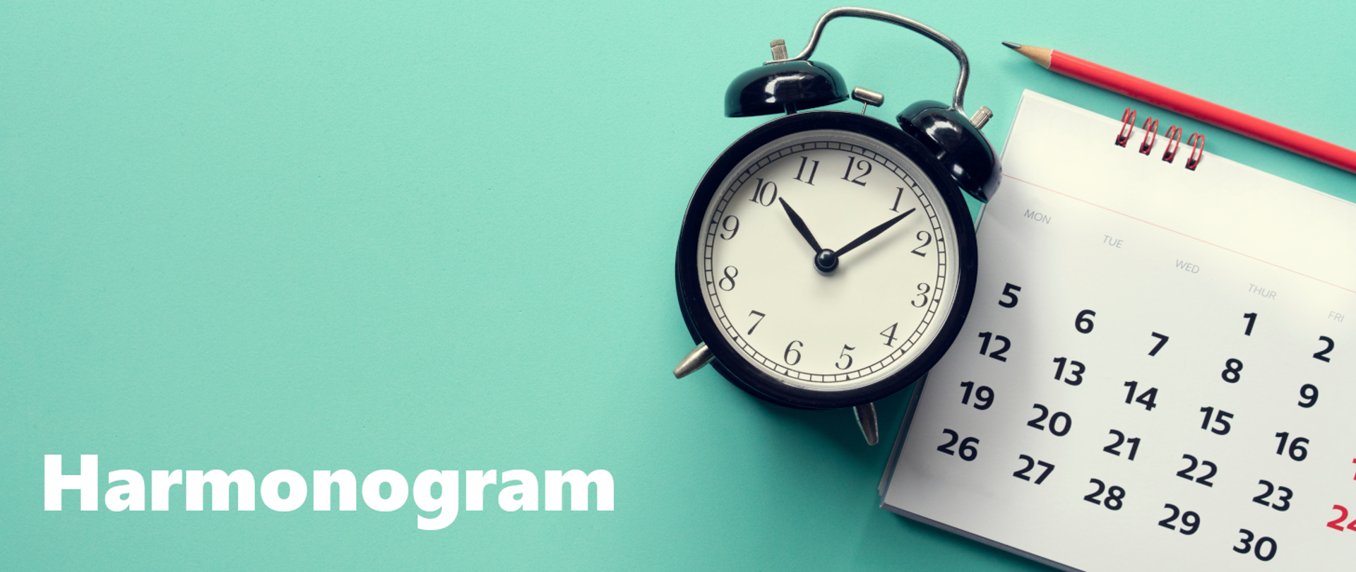 Zegar i kalendarz na niebieskim tle oraz tekst: harmonogram.