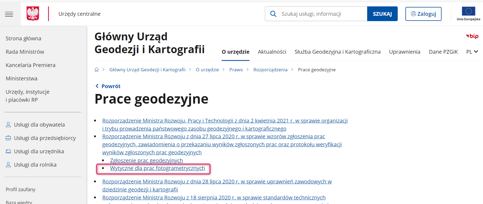 Ilustracja przedstawia zrzut ze strony internetowej GUGiK