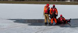 Zdjęcie przedstawia trzech strażaków prowadzących ćwiczenia na zamarzniętym zbiorniku wodnym. Dwóch strażaków, ubranych w pomarańczowe kombinezony ratunkowe i kaski, stoi na lodzie. Jeden z nich, bliżej centrum kadru, jest pochylony nad trzecim strażakiem, który leży na saniach ratowniczych, częściowo zanurzony w wodzie. Wokół nich rozłożone są liny.
W tle, po drugiej stronie zamarzniętego jeziora, widoczne są domy i drzewa. Niebo jest błękitne z białymi chmurami. Lód jest popękany w miejscu, gdzie odbywa się ćwiczenie.