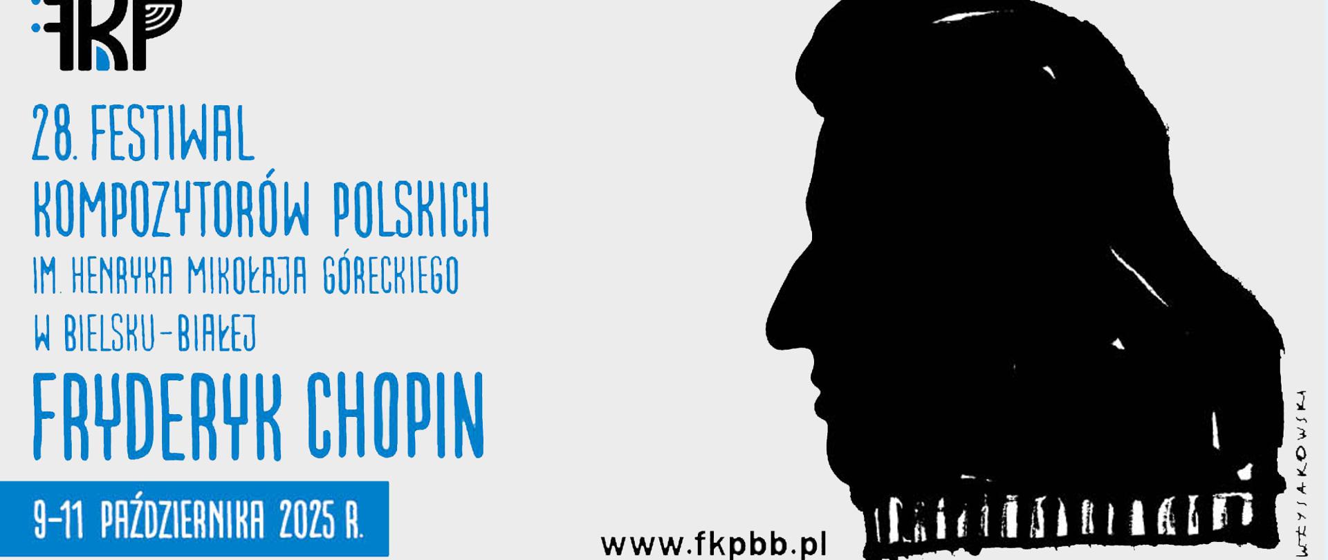 Grafika 28. Festiwal Kompozytorów Polskich, białe tło po prawej czarny obrys głowy M. Góreckiego po lewej niebiski napis 28. Festiwal Kompozytorów Polskich 
