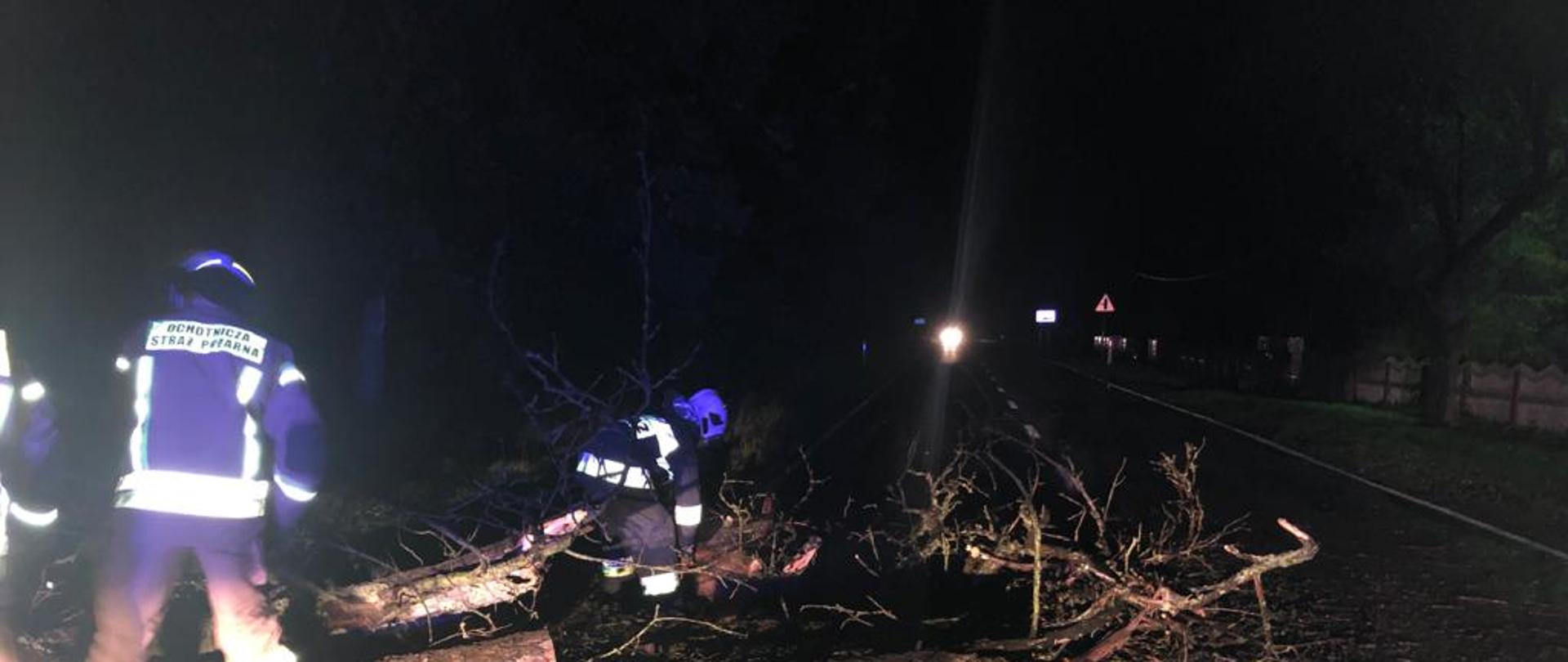 Strażacy na poboczu drogi tną na kawałki przewrócone w wyniku wichur drzewo.