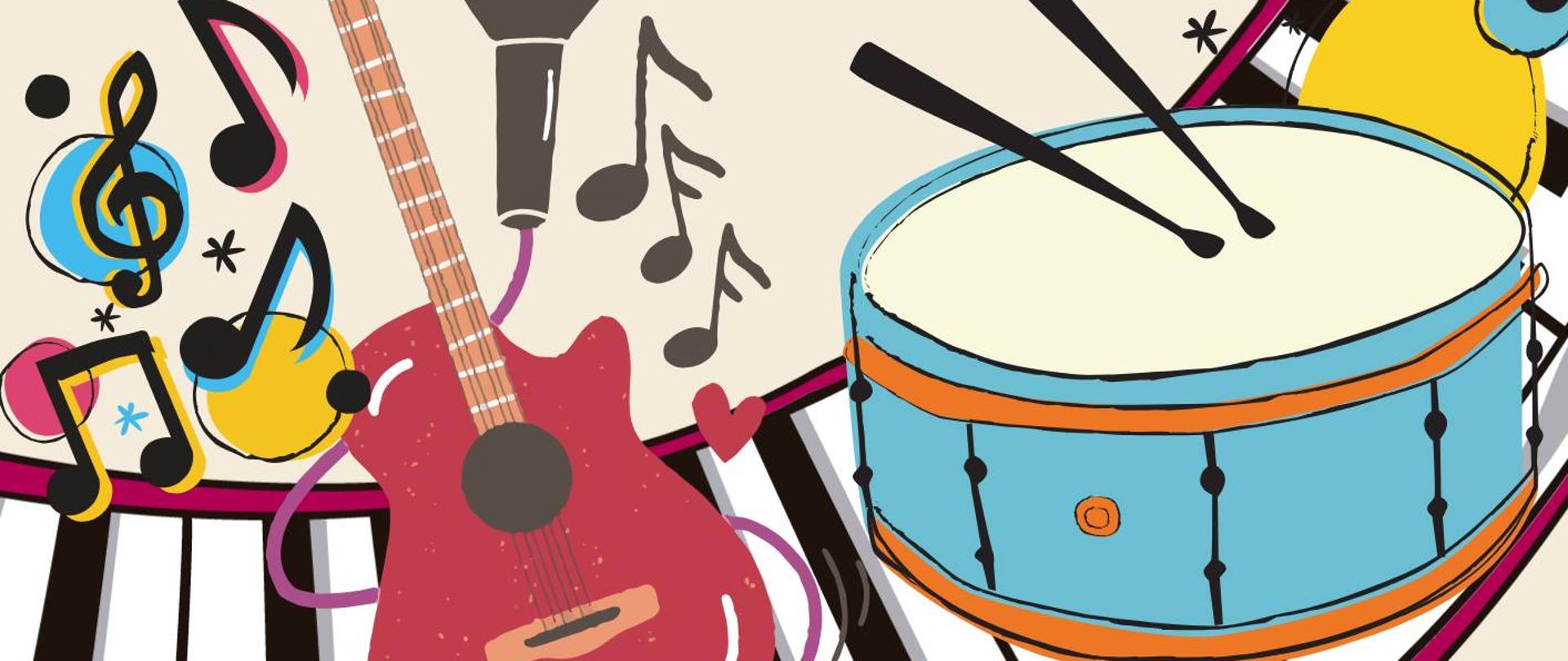 Na beżowym tle. u góry pięciolinia z symbolami nut, poniżej informacje dotyczące koncertu, na dole kolorowe symbole instrumentów muzycznych.