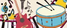 Na beżowym tle. u góry pięciolinia z symbolami nut, poniżej informacje dotyczące koncertu, na dole kolorowe symbole instrumentów muzycznych.