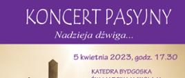 na tle różowego nieba po lewej stronie widnieje krzyż, poniżej widać brązowe szczyty gór, na środku informacja o koncercie pasyjnym 