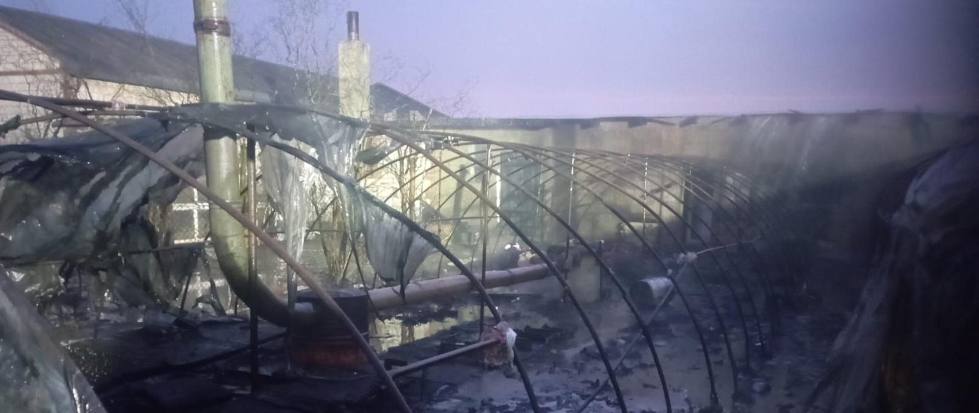 Na zdjęciu widać konstrukcje metalową po spalonym tunelu foliowym. W tle widać murowane budynki. Jest widno.