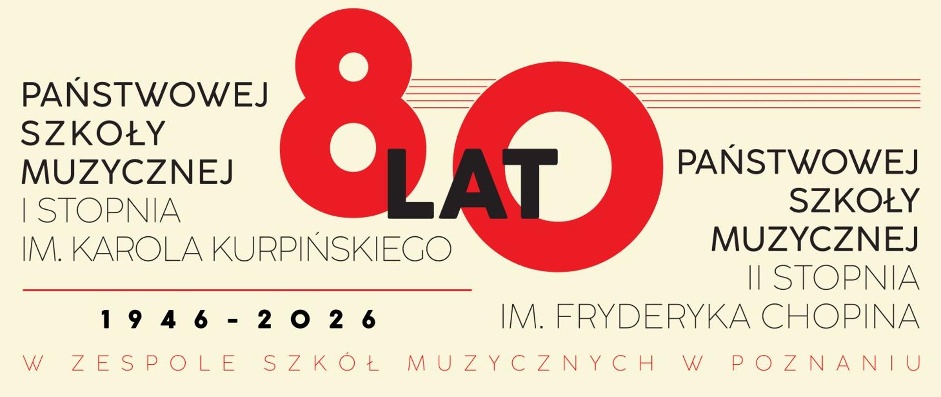 Grafika jubileuszowa z napisem „80 lat Państwowej Szkoły Muzycznej I stopnia im. Karola Kurpińskiego i Państwowej Szkoły Muzycznej II stopnia im. Fryderyka Chopina 1946–2026 w Zespole Szkół Muzycznych w Poznaniu”. W centralnej części duża, czerwona liczba „80”, z czarnym napisem „lat” na jej tle. Tło w kolorze jasnego beżu, napisy w kolorze czarnym i czerwonym, z elementami graficznymi w postaci czerwonych linii symbolizujących pięciolinię.