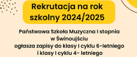 Na beżowym tle plakatu u góry żółta ramka z informacją o rekrutacji, pod spodem napis w czarnym kolorze.