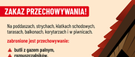 zakaz przechowywania na poddaszach, strychach, klatkach schodowych, tarasach balkonach, korytarzach i w piwnicach - plakat prewencji społecznej PSP