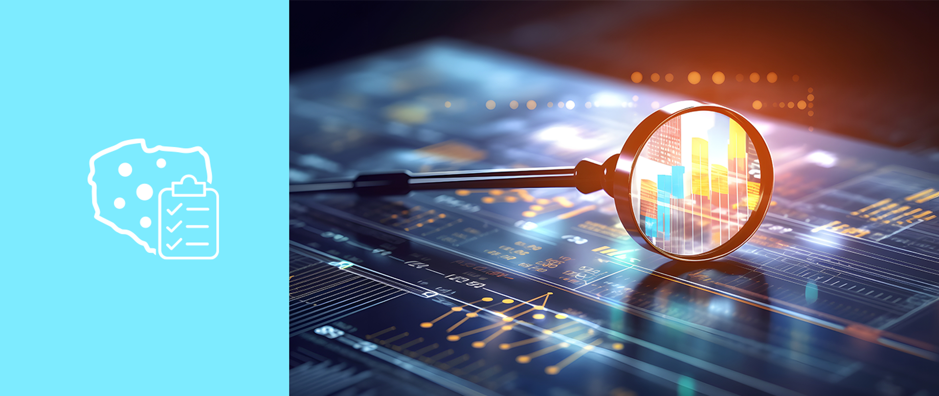 Wykresy, linie, kropki, kolumny liczbowe w kolorze pomarańczowym na granatowym tle.