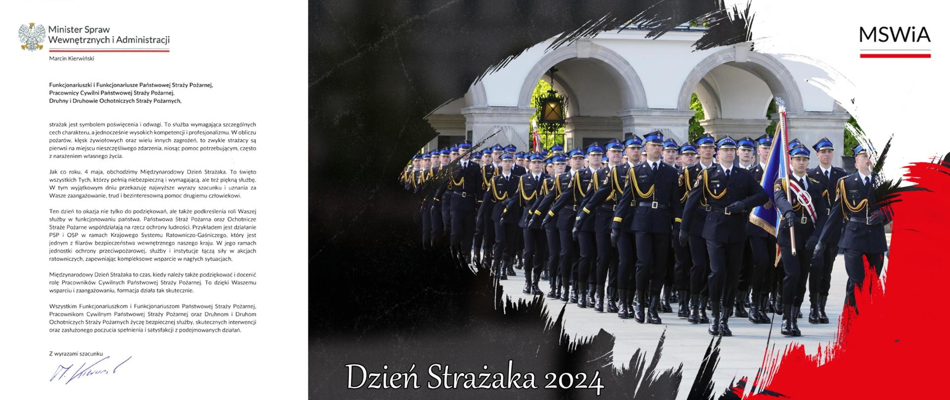 Kolorowa fotografia przedstawia z lewej strony życzenia Ministra Spraw Wewnętrznych i Administracji, a z prawej strony zdjęcie Strażaków w mundurach wyjściowych