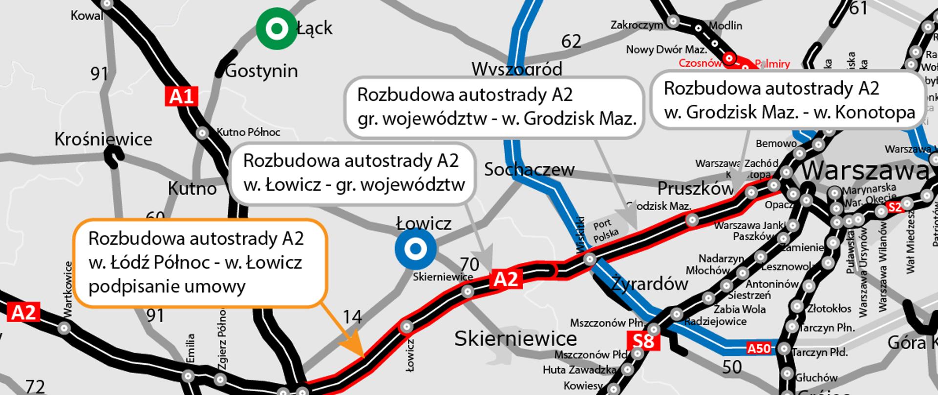 Mapka prezentująca odcinki A2, które zostaną rozbudowane