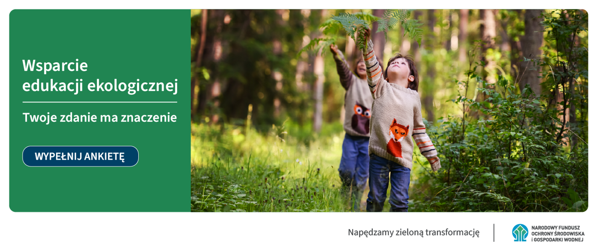 Grafika ilustracyjna. Wsparcie edukacji ekologicznej. Twoje zdanie ma znaczenie. Wypełnij ankietę