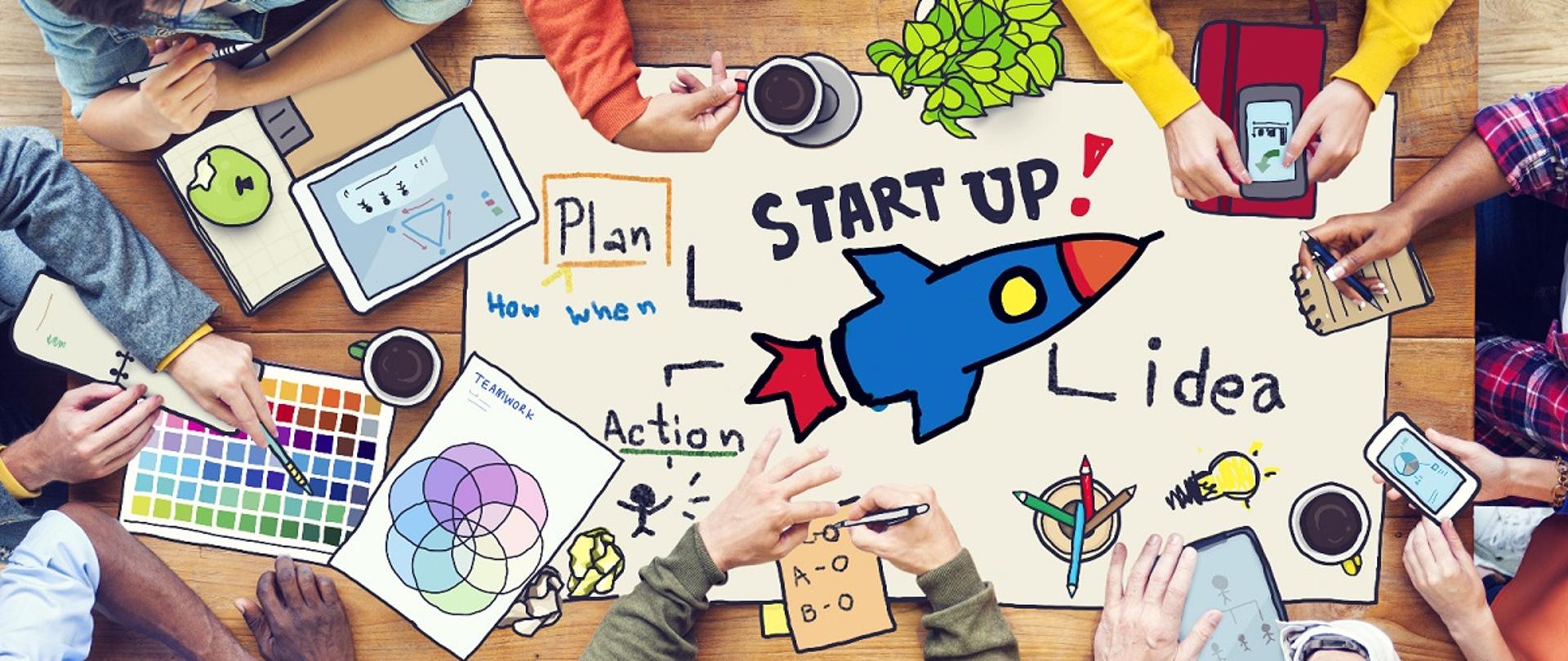 Grupa ludzi siedzących przy stole, na którym są grafiki z pomysłami na założenie start-upu 