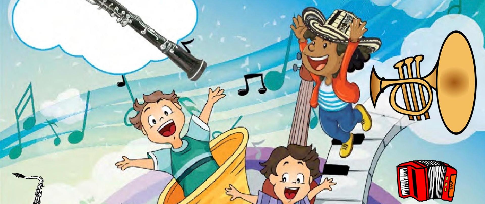 Grafika przedstawia kolorowy animowany obrazek dzieci, instrumentów na zawijanej pięciolini. U góry logo szkoły i napis IV Szkolny Konkurs Sekcji Dętej"Dęte Nutki" w kolorze czerwonym, na dole tekst "zapraszamy" w kolorze ciemno-żółtym.